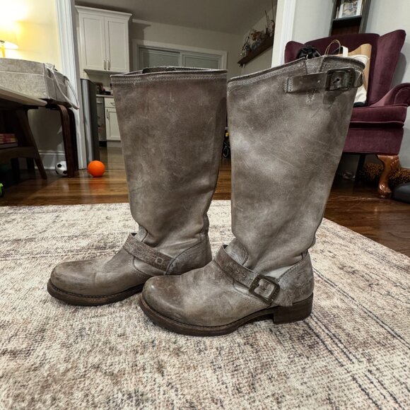 Frye Veronica Slouch Distressed Gray Brown Riding Boots - Picture 5 of 7
